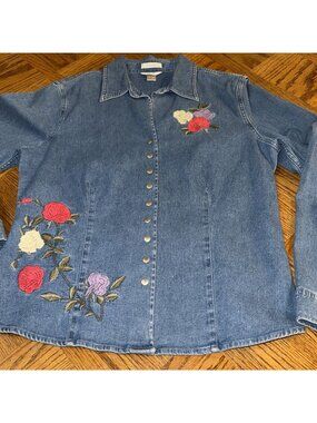 Christopher & Banks Womens Stretch Denim Shirt Floral Embroidery Snap Buttons Si